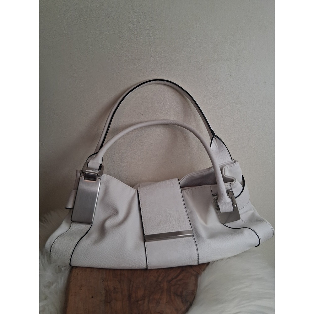 Rickis White Pebbled Faux Leather Shoulder Bag Silver Hardware Polka Dot Lining